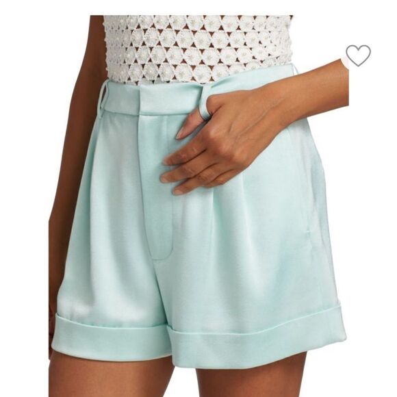 Alice and Olivia Corny Pleated Satin-Feel Shorts in Powder Blue NWT - Picture 4 of 7